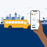 Animated image of a phone showing the app and school bus in the background