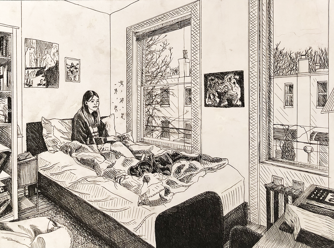 line drawing of a bedroom with a young woman sitting in bed looking out her window