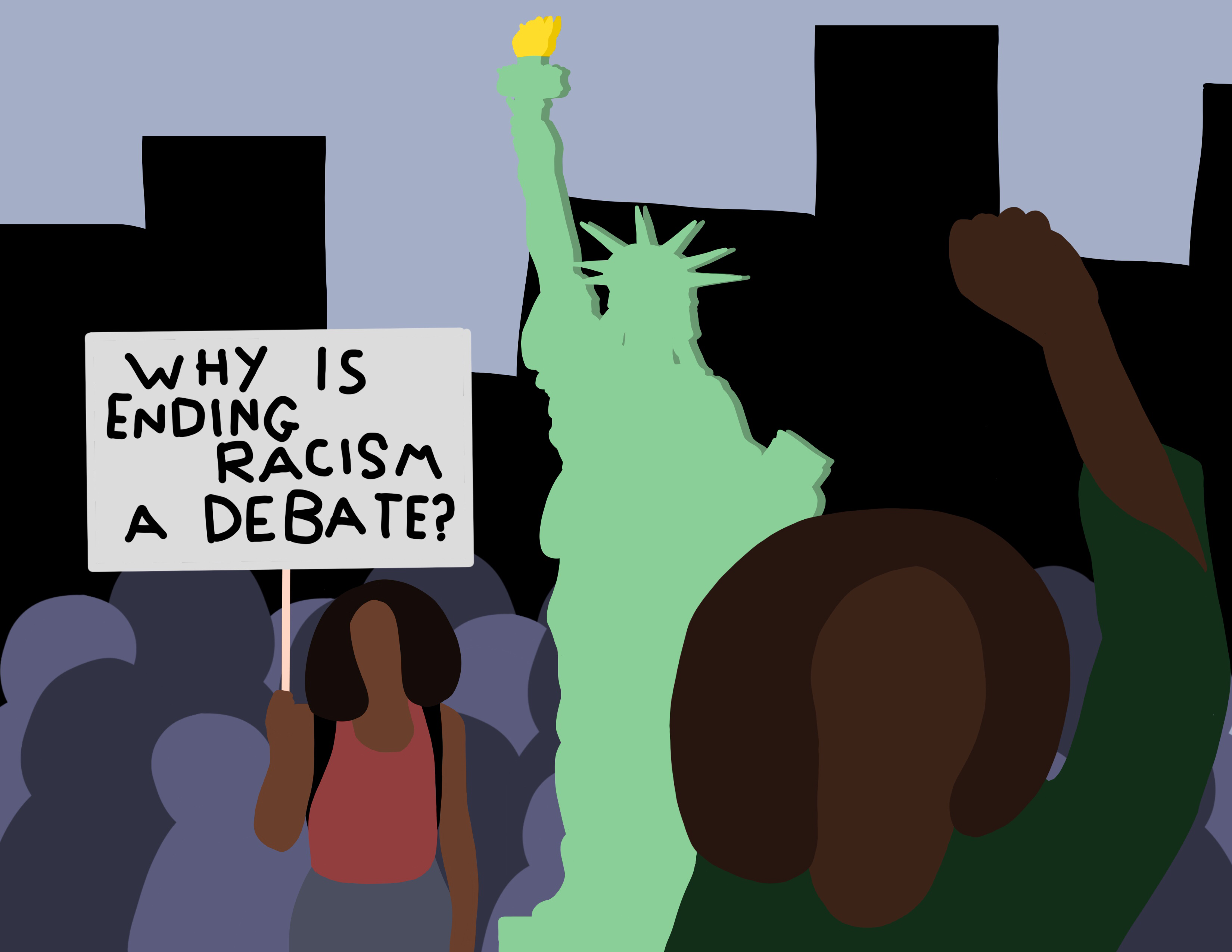 minimalistic digital painting of a young woman advocate holding a sign beside the statue of liberty with a woman with her fist raised in front of them