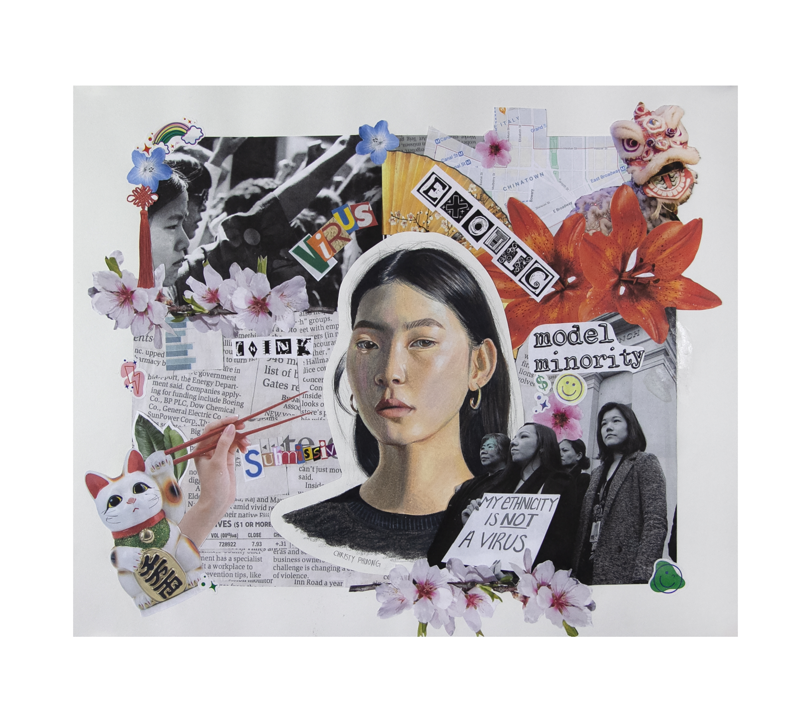 Multimedia artwork collage of newspaper cutout and magazine clippings related to Asians, model minorities, and Asian culture