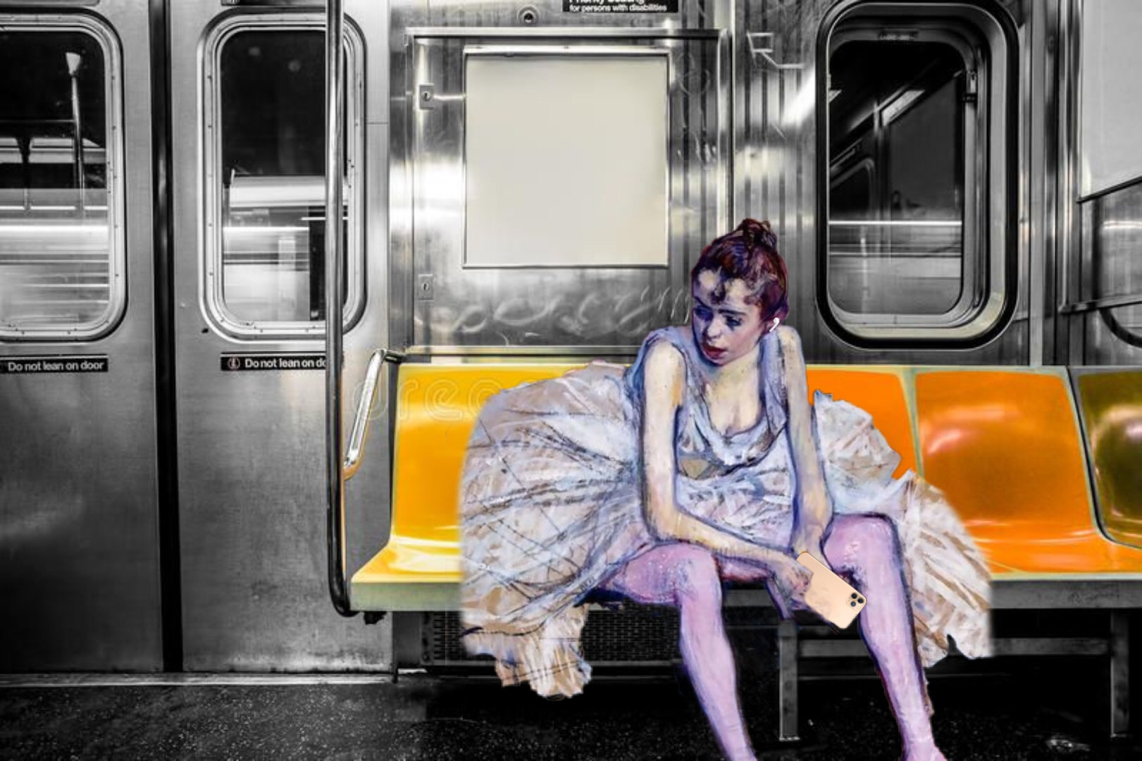 Student in living painting costume on the subway