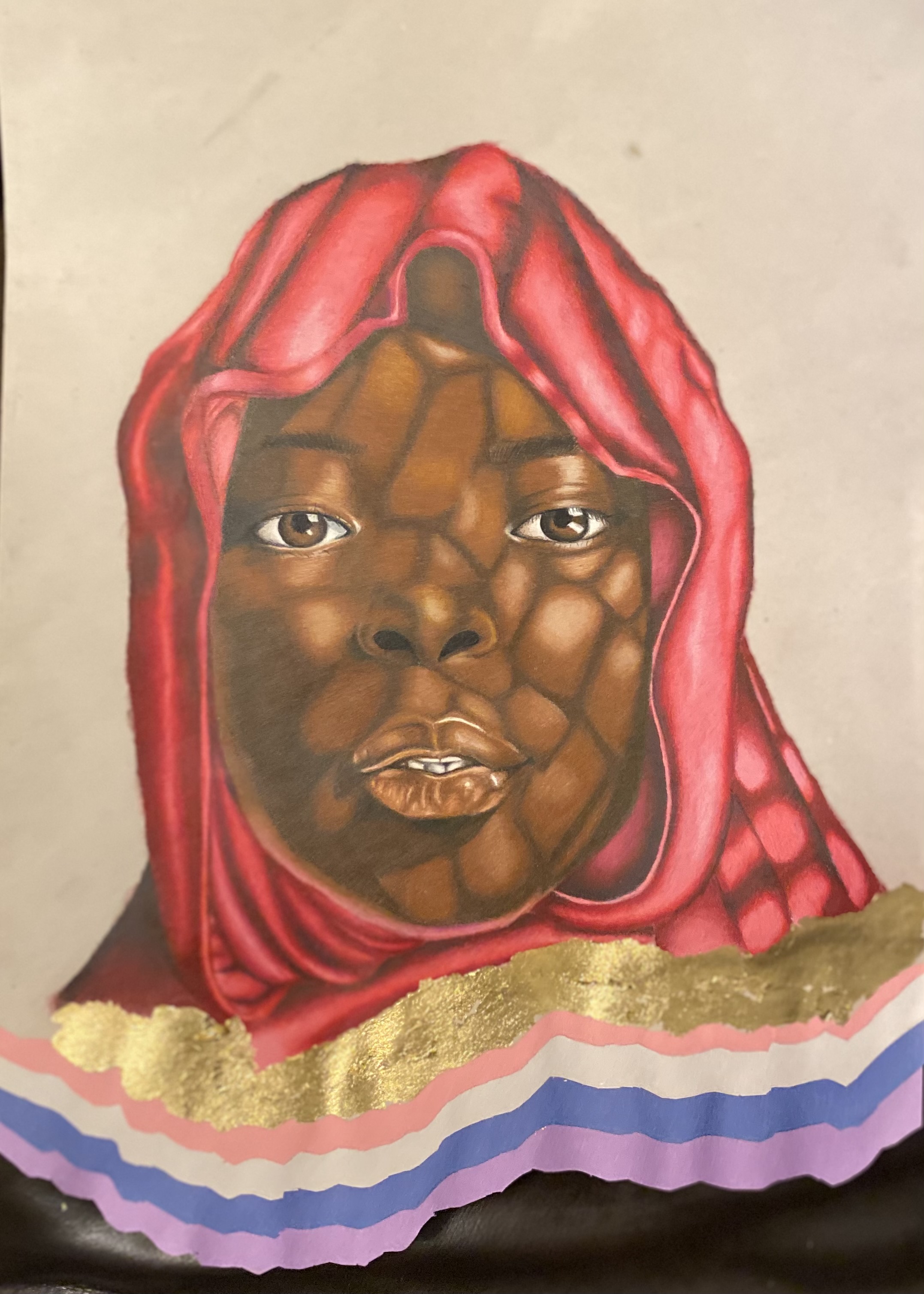 painting of woman with head covering and multi colored trim