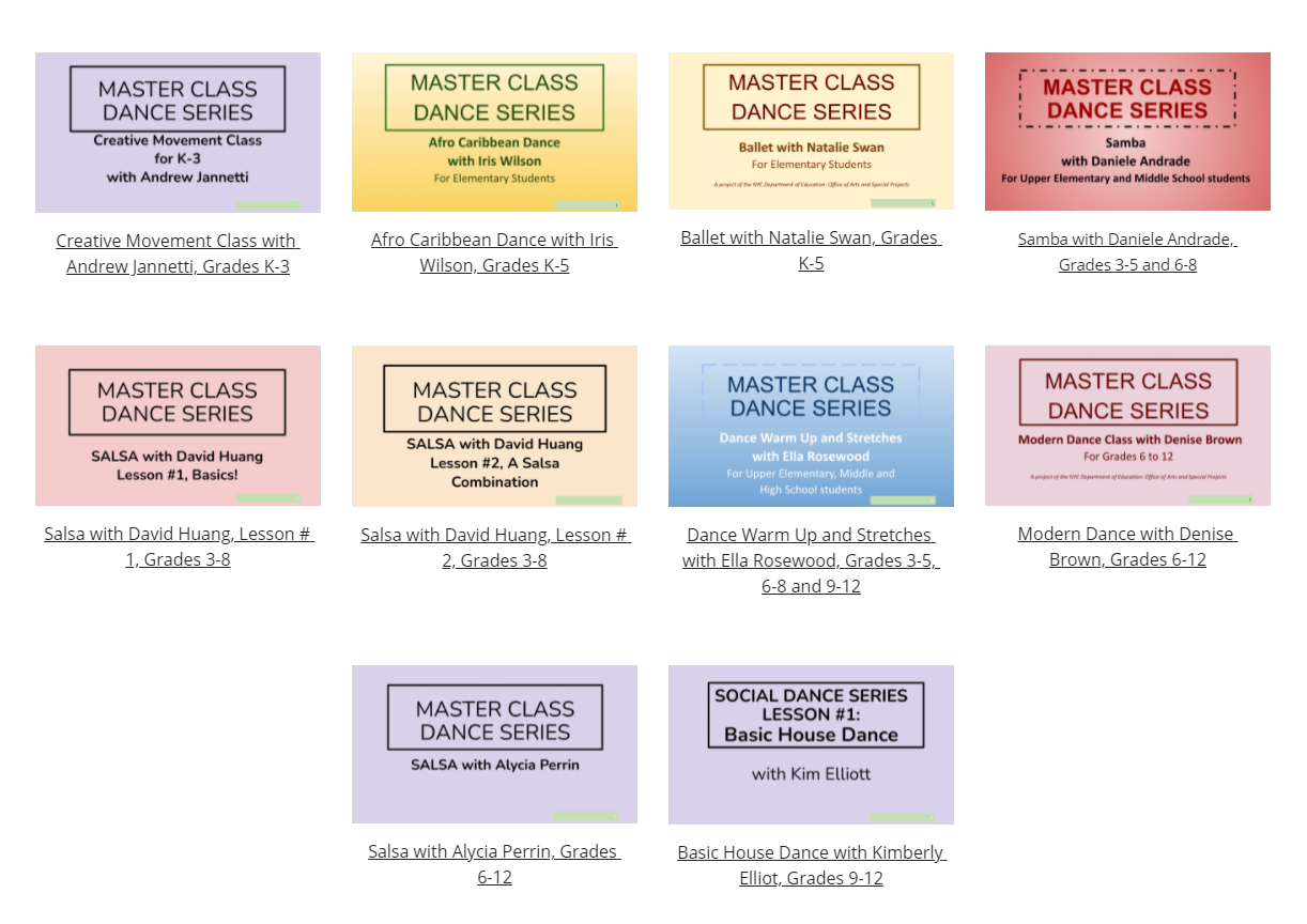 Screenshot of courses in Dance Master Class series.