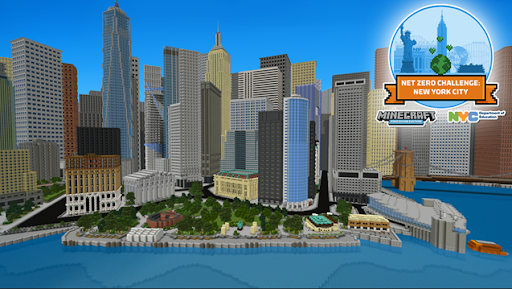 Net Zero Challenge: NYC logo with the minecraft and nyc doe logos over a minecraft city