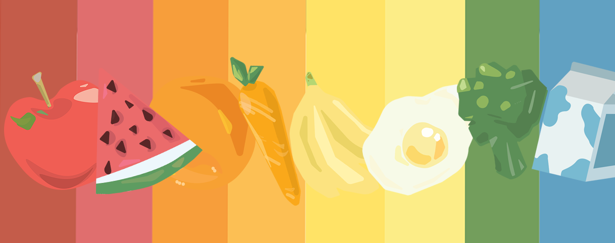 illustration of watermelon, orange, carrot, banana, egg, broccoli, and lowfat milk carton in a rainbow