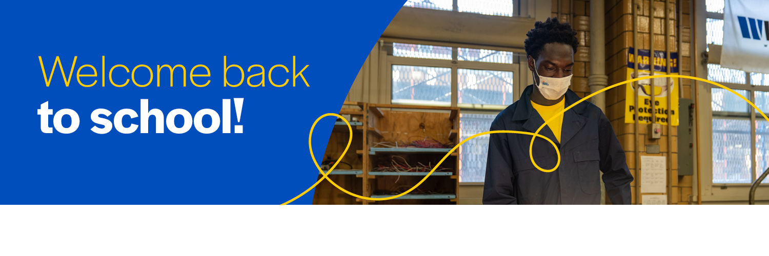 Decorative Banner saying welcome back to school with photo of high school student.