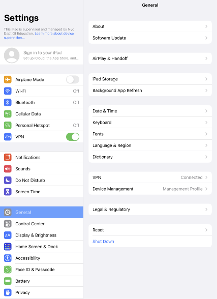 iPad general settings screen