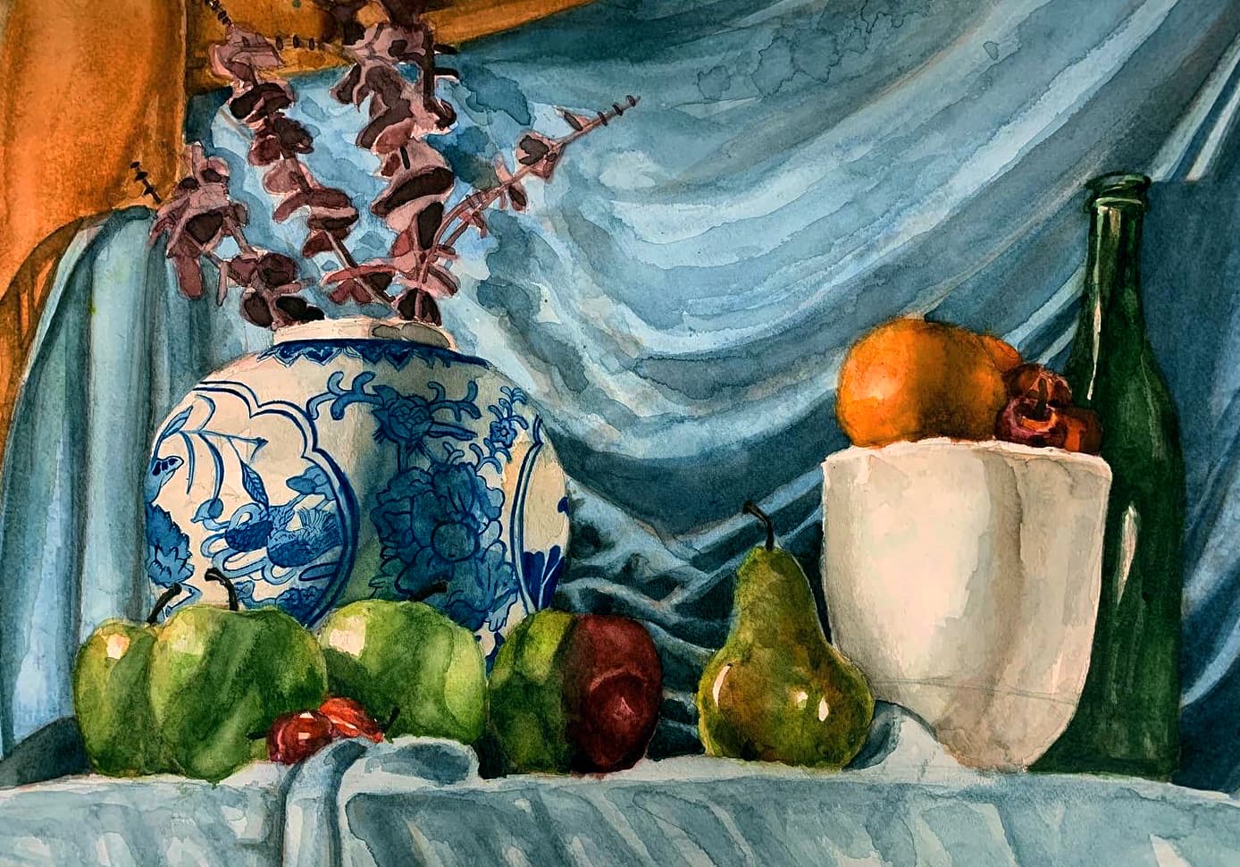 Still Life of a glass bottle, a vase, and some fruit