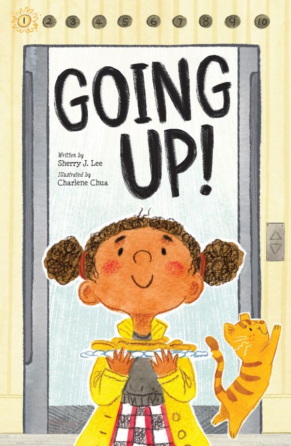 Book cover for Going Up by Sherry J. Lee, depicts little girl standing in front of elevator smiling