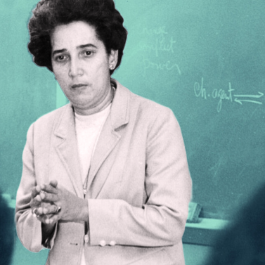 Black and white photograph of Antonia Pantoja in a classroom. The background is tinted green.