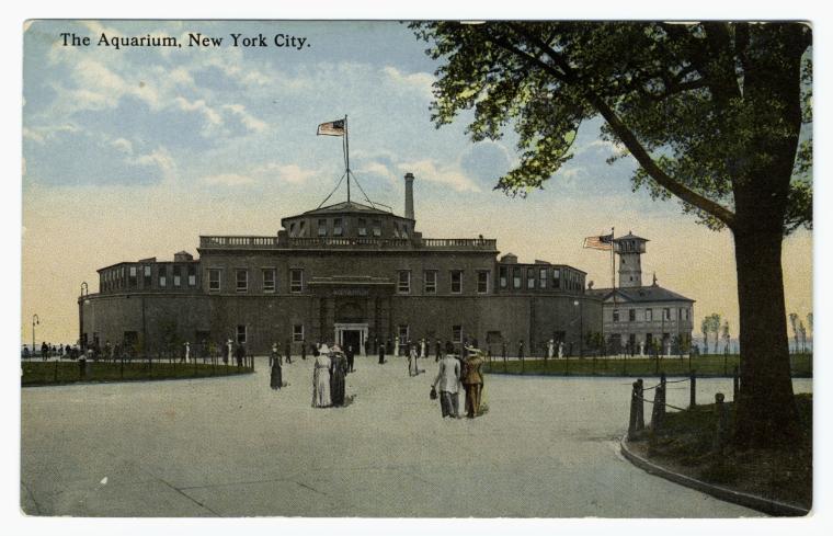 Postcard featuring an illustration of the old New York City Aquarium, located in Battery Park.