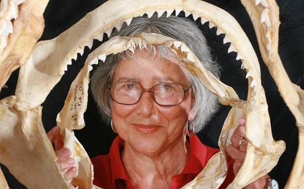 Color photograph of Dr. Clark posing with jaw bones of different shark species in 2006.
