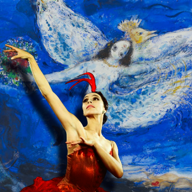 Foreground: Tallchief poses in red Firebird costume with her arm extended upwards; Background: backdrop used in Firebird ballet with blue sky, white floating figure, and yellow bird head at center.