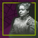 Black and white photograph of Maritcha Lyons over a purple background with an old map of Lower Manhattan and a lime green border.