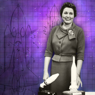 Black and white photograph of Mary Golda Ross in front of a background that features space shuttle design drawings and stars in a galaxy.