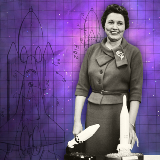 Black and white photograph of Mary Golda Ross in front of a background that features space shuttle design drawings and stars in a galaxy.