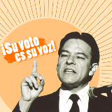 Black and white photograph of Willie Velasquez giving a speech in front of orange background next to text reading "¡Su voto es su voz!"