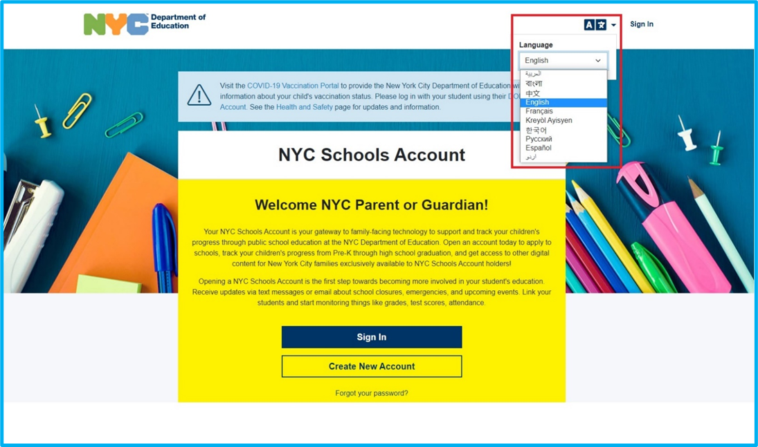 NYC School account log in page with translations drop down menu