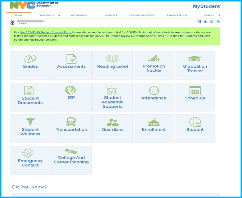 NYC Schools Account page it shows tabs for attendance, test scares, emergency contacts, IEPs