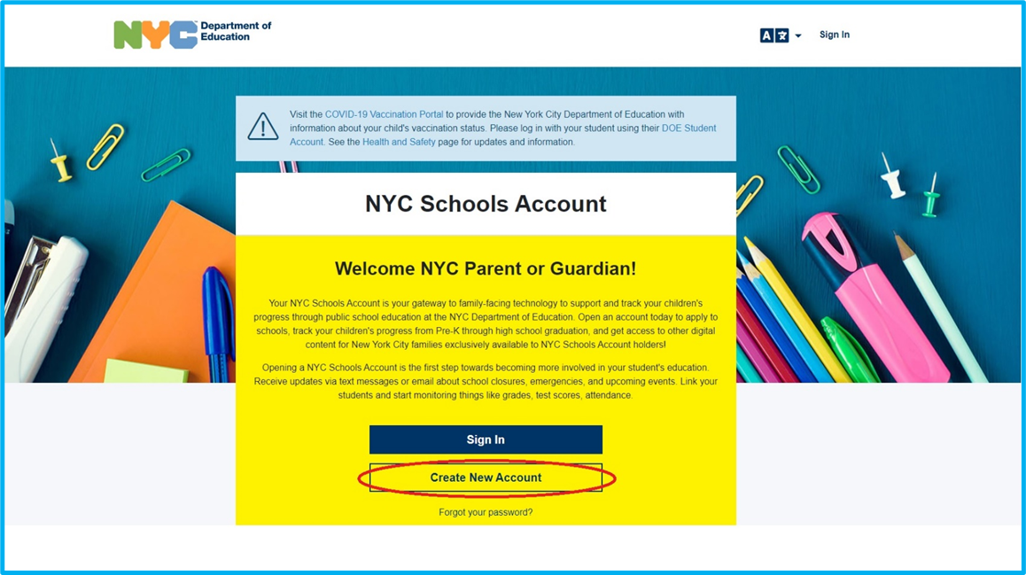 NYC schools page with create account option highlighted with red circle
