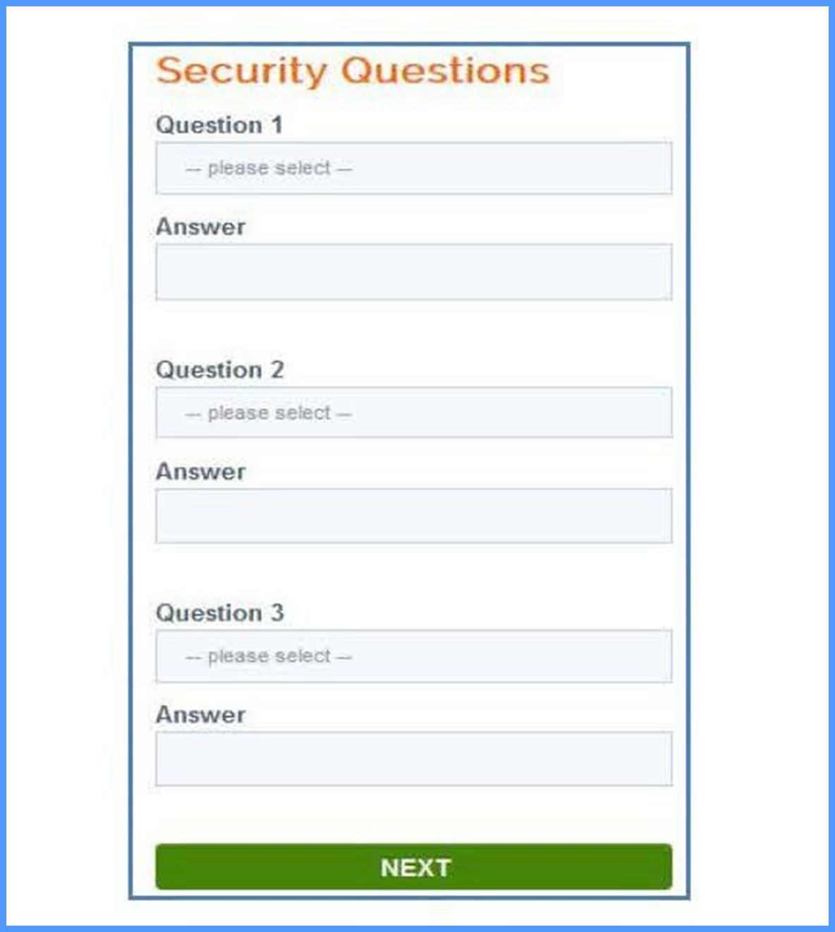 Security questions page
