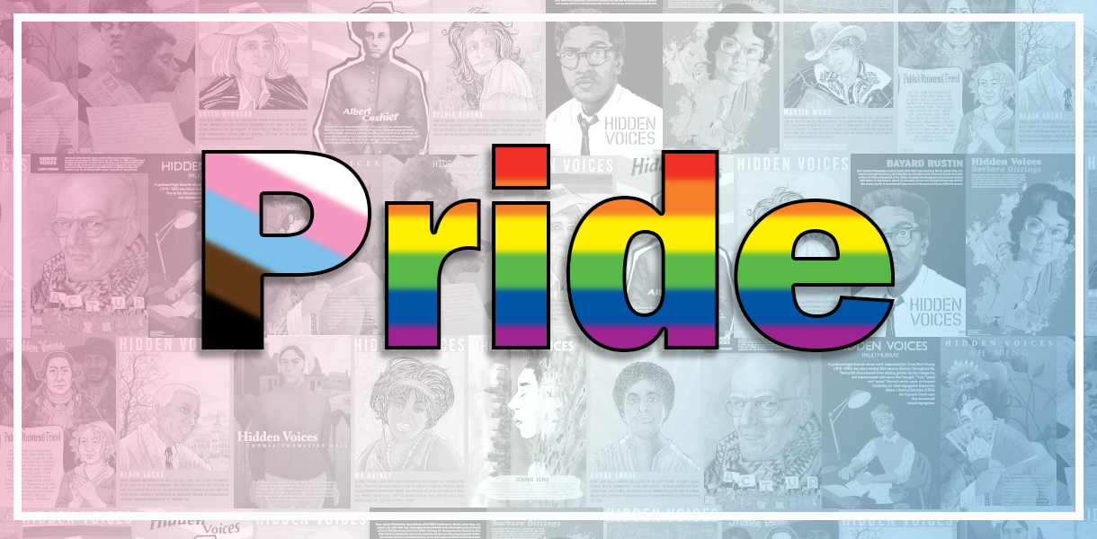 Pride month web banner showing famous LGBTQ people with the word pride in rainbow