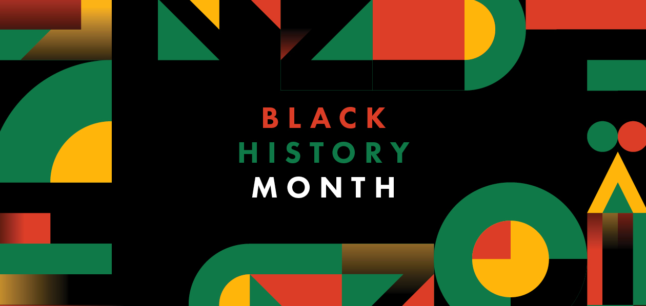 Red, green, and white text on a black background that reads "Black History Month." Shapes and designs in the same colors border the image.