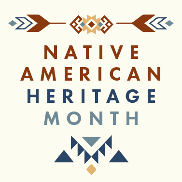 Tan background with red, navy, grey, and yellow illustrations surround text that reads 'Native American Heritage Month.'