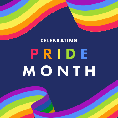 Celebrating Pride Month graphic with rainbow illustrations.