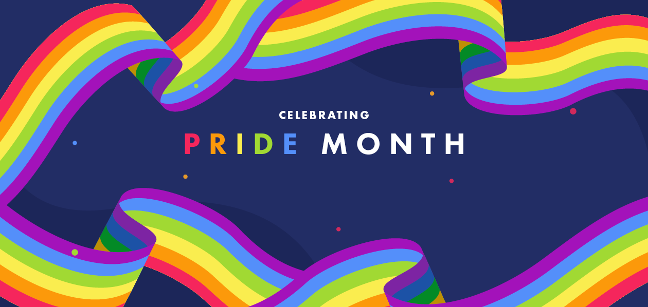 "Celebrating Pride Month" written on a navy blue background surround by rainbow ribbon illustrations.