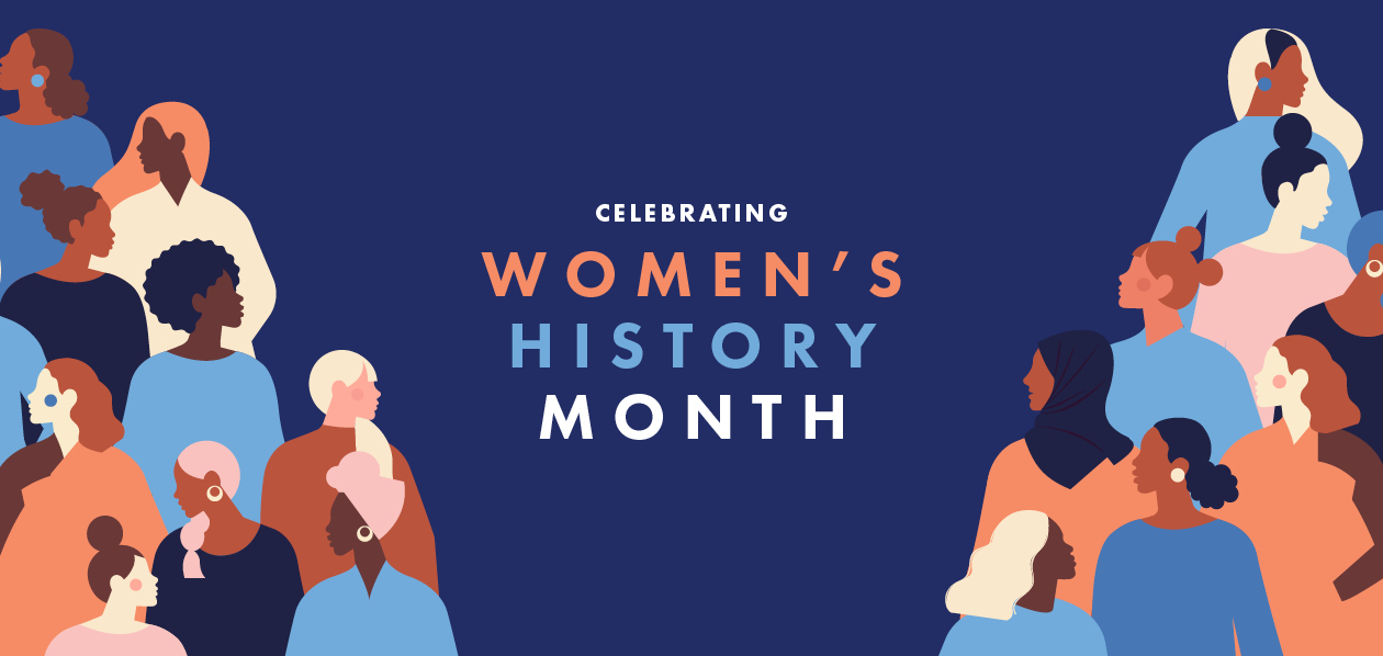 Orange, blue, and white text that reads "Celebrating Women's History Month" in the center of a dark blue background. There are illustrations of women on the left and right sides of the text.