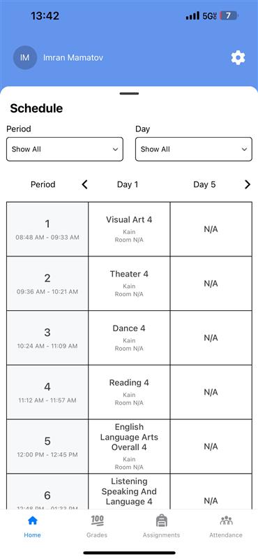 Screenshot of schedule screen in TeachHub