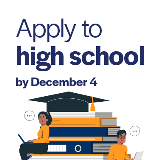 Apply to high school by December 4 graphic of two students sitting on books by a graduation cap.