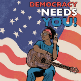 Illustration of a woman in a blue jumpsuit and red headband sits in front of an American flag background. She is holding a guitar with stickers on it in her lap with one hand, and making a peace sign with her other hand.