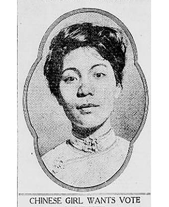 Headshot of a young Mabel Lee with a caption underneath that says, "Chinese Girl Wants Vote."