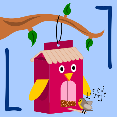 A graphic showing a completed milk carton bird feeder craft.
