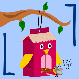 A graphic showing a completed milk carton bird feeder craft.