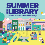 Blue text that reads "Summer at the Library: Join us on a journey of discovery!" at the top of an illustration of a city street with people reading outside in the foreground, in apartment buildings, and on a train in the background