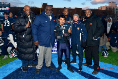 PSAL 3A Championship Game MVP, Tristan Suarez (#1, center), poses with Brooklyn Tech coaches and the head of PSAL following Brooklyn Tech's championship game victory.