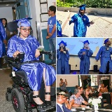 Collage featuring images of graduating high school students from P721X, including an image of a student wearing a blue graduation cap and gown while operating a powered wheelchair.