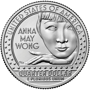 Back of US quarter dollar, featuring Anna May Wong, as part of the American Women Quarters Program