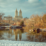 Panoramic shot of Belvedere Castle in Central Park during winter.